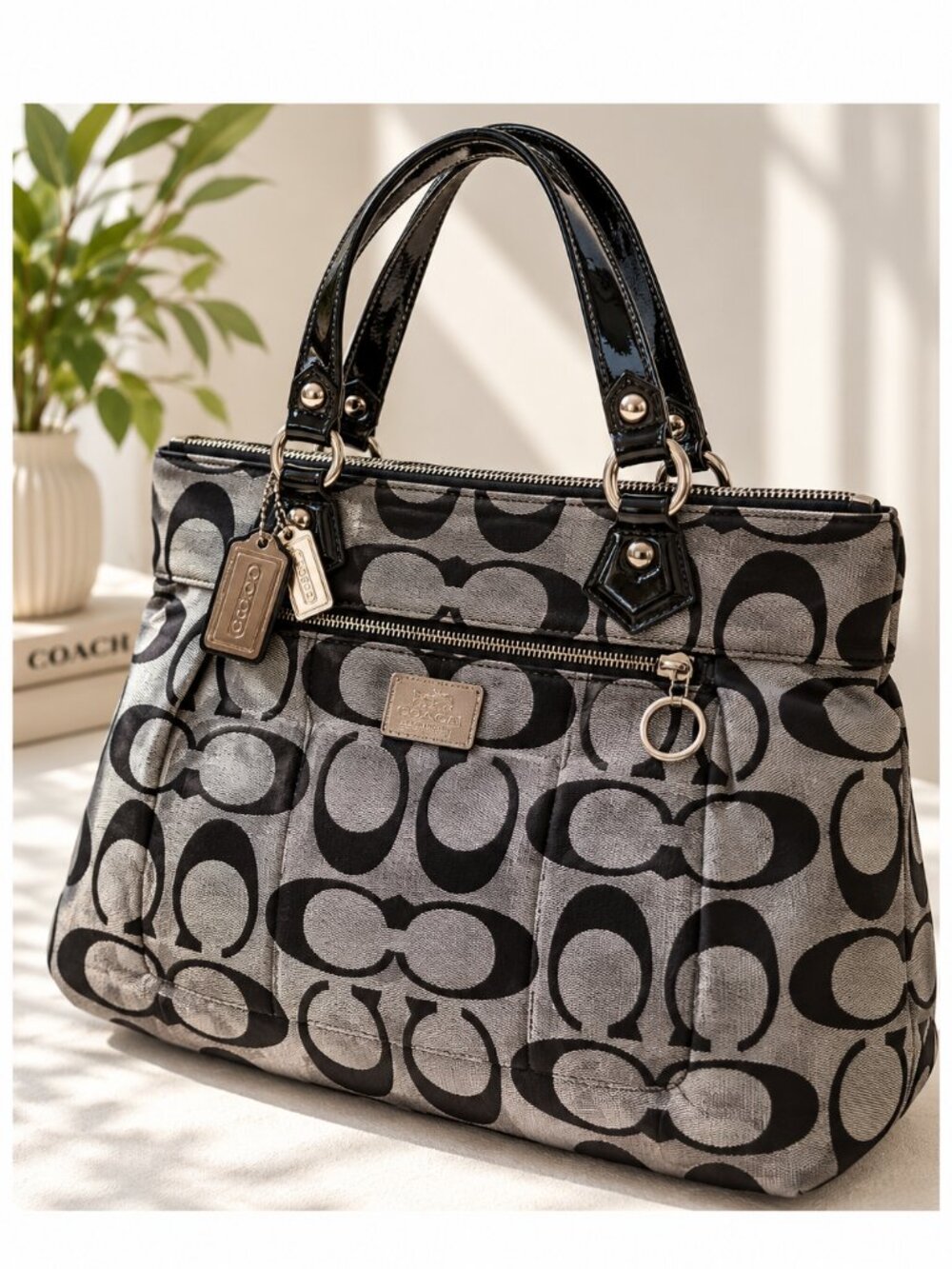 Coach Signature C Tote Bag Black Gray Canvas Leather Shoulder Bag Purse